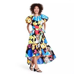 Christopher John Rogers Floral Assymetrical Puff Sleeve Dress Size xxs